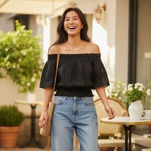 Small Elegant Black Off-Shoulder smocked peasant lace trim Top